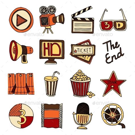 Vintage cinema filmmaking studio and movie theater color icons set with tape bobbin abstract isolated vector illustration. Editabl Vintage Cinema, Color Icons, Vintage Icons, Journal Doodles, Diy Vintage, Iconic Movies, Planner Bullet Journal, Aesthetic Stickers, Movie Theater