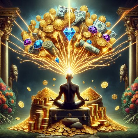 Immerse in the vision of golden abundance with our wealth manifestation image featuring a tranquil person meditating, attracting overflowing wealth of gold, gems, and diverse currencies amidst a lush garden. #WealthManifestation #LawOfAttraction #Abundance #Prosperity #MindfulMeditation #PositiveVibes. Learn more about manifesting wealth here: {link}. Feng Shui Wallpaper, Person Meditating, Luck Manifestation, Abundance Images, Money Law Of Attraction, Nature Symbols, Wealth Manifestation, Power Of Positive Thinking, Pictures Of Shiva