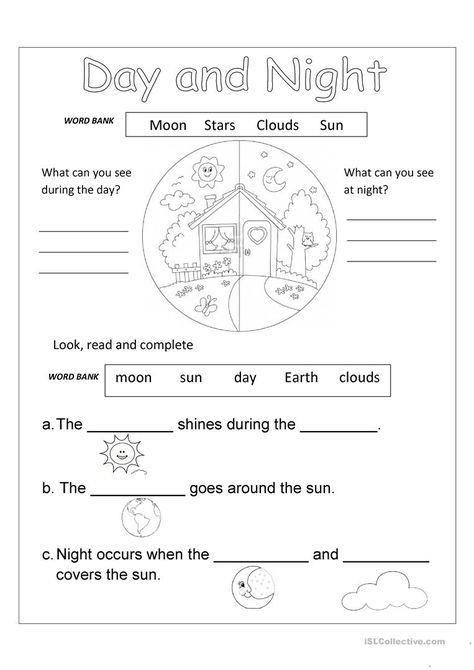 Day And Night Worksheets Kindergarten, Day And Night Worksheet, 3rd Grade Science Worksheets, Free Science Worksheets, 1st Grade Science, First Grade Science, First Grade Worksheets, Social Studies Worksheets, Kindergarten Science