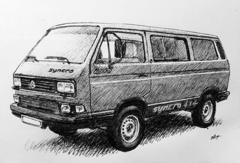 My drawing of a VW T3 Syncro 4x4 (Vanagon for you folks Stateside) Dot Shading, Van Sketch, Camper Drawing, Van Drawing, T3 Bus, Vw T3 Syncro, T3 Vw, Painted Pictures, Vw Vanagon