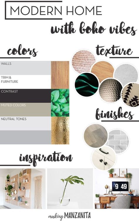 Modern Boho Home Mood Board - Boho Home Decor Ideas - How To Decorate In Modern Boho Style - I love this modern home with boho vibes and pops of green and gold - Black and white home with boho style - Modern Boho Bedroom Decor Ideas #boho #modern #moodboard #modernhome Modern Boho Bedroom Decor, Glam Color Palette, Modern Boho Glam, Home Mood Board, Boho Glam Home Decor, Boho Chic Interior Design, Modern Boho Home, Boho Glam Home, Boho Chic Interior