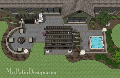 Relaxing Outdoor Living Design with Pergola and Hot Tub | Download Plan – MyPatioDesign.com Fire Pit And Hot Tub, Pergola Fire Pit, Hot Tub Patio, Patio Plans, Backyard Layout, Concrete Patios, Patio Layout, Hot Tub Backyard, Pergola Design