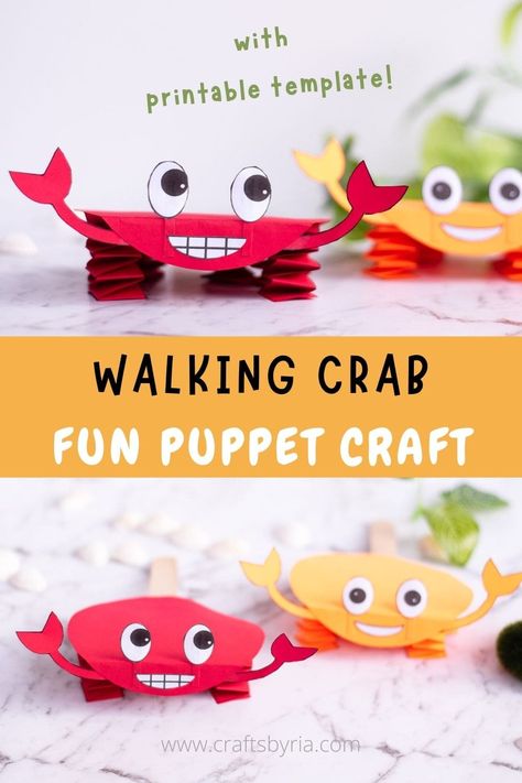 Crab Puppet, Crab Printable, Paper Crab, Lobster Crafts, Hermit Crab Crafts, Diy Puppets, Crab Craft, Rainbow Fish Crafts, Preschool Ocean