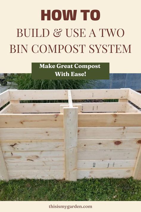 A two bin compost bin made with lumber. From thisismygarden.com. Build Compost Bin, Compost System, Outdoor Compost Bin, Backyard Raised Garden, Making A Compost Bin, Sustainable Homestead, Compost Bin Diy, Diy Compost, How To Make Compost