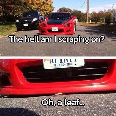 What the hell am I scraping on?  Oh, a leaf!   #Stance #Stanced Funny Car Quotes, Mobil Futuristik, Truck Memes, Car Jokes, Funny Car Memes, Mechanic Humor, Car Memes, Funny Car, Memes Humor