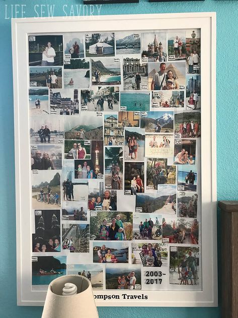 Custom Collage Picture Frame, Photo Collage In One Frame, Pictures In Frames Ideas, Diy Picture Collage Frame, Framed Photo Collage Wall, Travel Photo Frame Ideas, Travel Photo Collage Wall, Picture Frame Photo Collage, Memories Frame Ideas