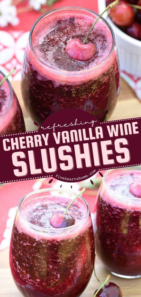 Cherry Vanilla Wine Slushies, summer cocktails, alcoholic drinks Wine Slushie Recipe, Wine Slushies, Fruity Wine, Slushie Recipe, Wine Slushie, Cherry Vanilla, Jello Shot, Yummy Alcoholic Drinks, Refreshing Food