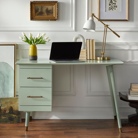 Desk Space In Living Room, Small Apartment Home Office, Mid Century Modern Office Desk, Mid Century Writing Desk, Mid Century Modern Home Office, Contemporary Office Desk, Curved Desk, Home Goods Furniture, Colorful Desk