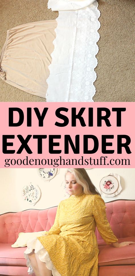 girl wearing a yellow dress and a white lace skirt extender. a half slip with white lace T Shirt Extender Diy, Skirt Extender Diy, Extend Dress Length Diy, Diy Slip Skirt, Under Skirt Pattern, Skirt Extender Outfit Ideas, Diy Modesty Panel, Diy Skirt From Shirt, Modesty Panel Diy