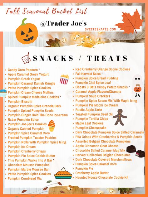 Grocery Shopping Haul | Fall Seasonal Bucket List Items at Trader Joe's - Best fall treats and food grocery shopping list. Easy ideas for lunch, dinner. breakfast. dessert, snacks and drinks. Cozy warm Autumn pumpkin treats, seasonal savory spices and the best cold weather and winter sweets. #click for full printable shopping list. #fallfood #pumpkinspice #seasonal #groceryshopping #fall Essen, Fall Food Shopping List, Halloween Shopping List, Easy Ideas For Lunch, Seasonal Bucket List, Winter Sweets, Fall Traditions, Ideas For Lunch, Bucket List Items