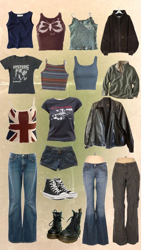 Y2k Colourful Outfits, Y2k Wardrobe Essentials, New Wardrobe Essentials, Rustic Aesthetic Outfits, Y2k Basic Outfits, Grunge Outfits Feminine, Outfit School Ideas, Downtown Essentials, Outfit Collage Ideas