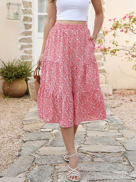 Pink Boho Collar  Woven Fabric Plants,Ditsy Floral,All Over Print Layered/Tiered Embellished Non-Stretch  Women Clothing Bottom Outfits, Vacation Skirts, Fabric Plants, Ruffle Hem Skirt, Floral Rosa, Ideas Outfit, Pink Boho, Ditsy Floral, Ruffle Hem