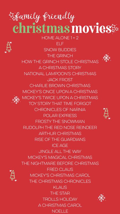 Christmas List For Adults, Christmas Movies Romantic, Christmas Movies Family, Kids Christmas Movies List, 25 Christmas Movies, Holiday Movie List, Family Christmas Movies List, Winter Movies List, Christmas Watch List