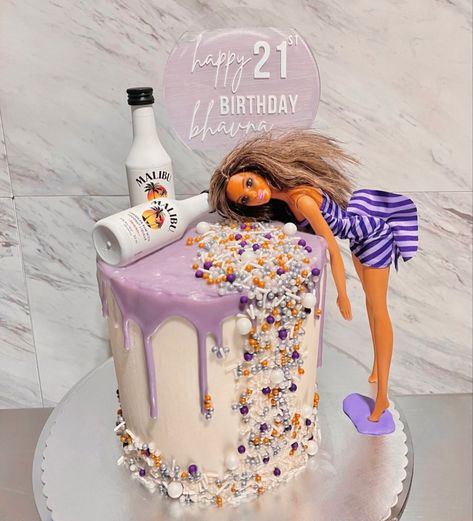 21 At Birthday Cake, Drinking Cake Ideas, 21s Birthday Cake, Iconic 18th Birthday Cake, 21st Birthday Shooter Cake, Drink Barbie Cake, 21st Barbie Cake, Drunk Barbie Cake 18th, 21 Year Old Birthday Cake