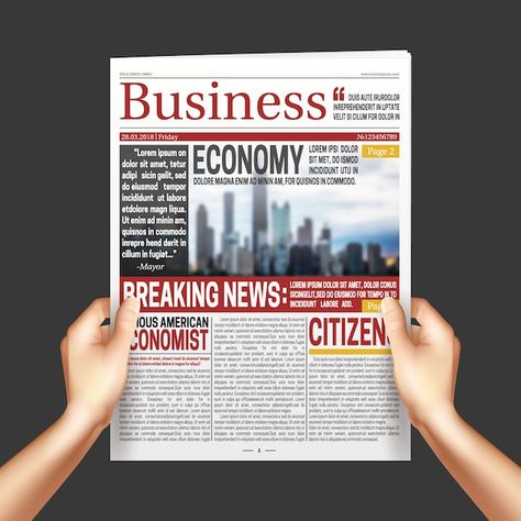 Free vector newspaper in hands realistic... | Free Vector #Freepik #freevector #newspaper-headline #newspaper-article #newspaper #news-media Holding Newspaper, News Poster, Background Realistic, Newspaper Front Pages, Front Page Design, Newspaper Template, Digital Newspaper, Vintage Newspaper, Isometric Illustration