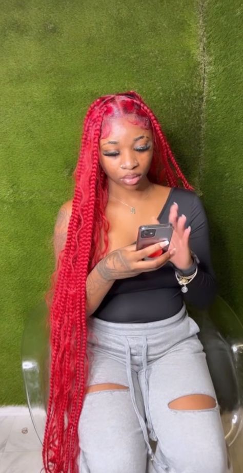 Red Ponytail Braid, Pink Braids For Black Women, Red Braided Hairstyles For Black Women, Dyed Braids, Straight Braids, Red Box Braids, Braided Hairstyles For Black Women Cornrows, Braided Hairstyles For Teens, Girl Hair Colors