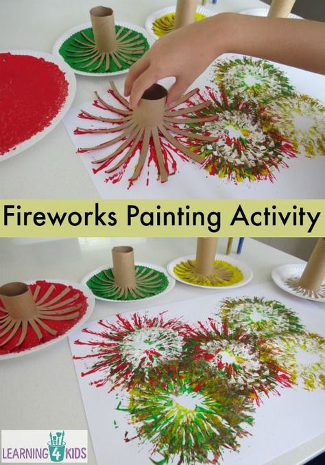 Fireworks painting activity - great new year's or other celebrations activity. Kunst For Barn, Paper Roll Crafts For Kids, Oppgaver For Barn, Aktiviti Tadika, Fireworks Craft For Kids, Firework Painting, Fireworks Craft, Aktiviti Kanak-kanak, Painting Activities