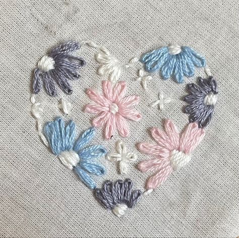 Embroidery Cute Heart Embroidery, Flower Heart Embroidery, Love Heart Embroidery, Heart Shape Embroidery Designs, Embroidered Hearts Hand Embroidery, How To Embroider A Heart, Embroided Heart, Embroidery Heart Simple, Embroidery On Handkerchief