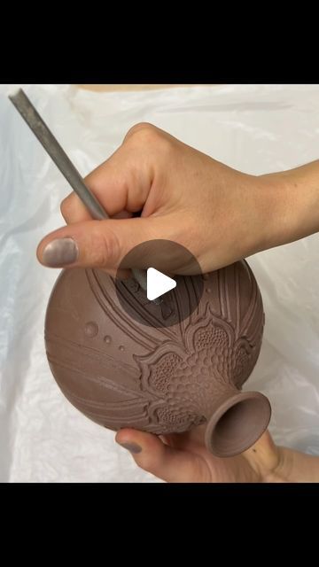 Sarah Kaspar Pottery on Instagram: "How fun it was to carve this bottle! Looking forward to seeing how the glaze makes these textures come to life. 💕 Follow up video to come 😍  #carvedpottery #pottery #pottersofinstagram #wheelthrown #ceramicart" Ceramic Glaze Inspiration, Carved Glazed Pottery, Carved Clay Designs, Ceramic Surface Design, Carving Pottery Ideas, Clay Carving Designs, Pottery Carving Ideas, Carving Ceramics, Carving Pottery