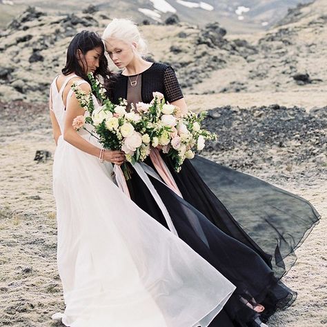 Black Sand Beach Bridal Shoot in Iceland Wedding In Black, Wlw Wedding, Lesbian Wedding Photography, Kate Spade Wedding, Monochrome Weddings, Future Inspiration, Queer Weddings, Wedding Black, Beach Bridal