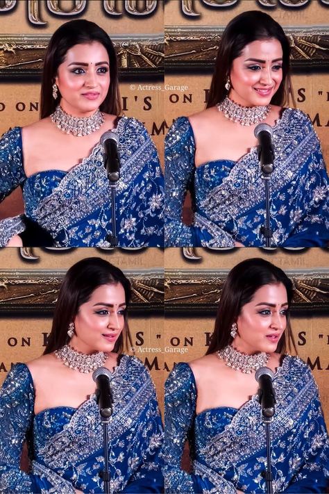 Marriage Dresses, Actress Style, Blue Saree Blouse, Trisha Photos, Traditional Blouse, Trisha Krishnan, Saree Wearing, Cotton Saree Blouse Designs, Saree Wearing Styles