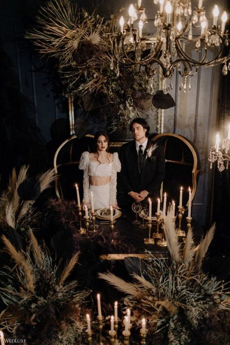 A Dark Modern Wedding ~ WedLuxe Media Wedding Centerpieces Gothic, Dramatic Wedding Decorations, Gothic Fall Wedding Dress, Dark Romantic Wedding Centerpieces, Fae Wedding Theme, Surrealist Wedding, Dark Modern Wedding, Gothic Forest Wedding, Dark Wedding Decor