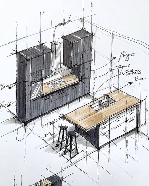 Kitchen Sketch, Sketchbook Architecture, Interior Architecture Sketch, Interior Design Sketchbook, Architecture Drawing Plan, Interior Architecture Drawing, Interior Design Renderings, Interior Design Drawings, Instagram Kitchen