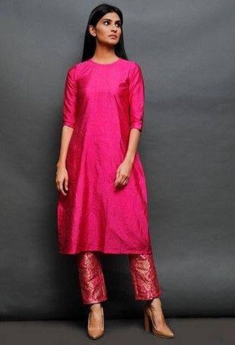 Pink Kameez, Brocade Pants, Raw Silk Kurta, Silk Fabric Dress, Silk Kurti Designs, Banarasi Brocade, Indian Kurti Designs, Silk Kurti, Silk Kurta