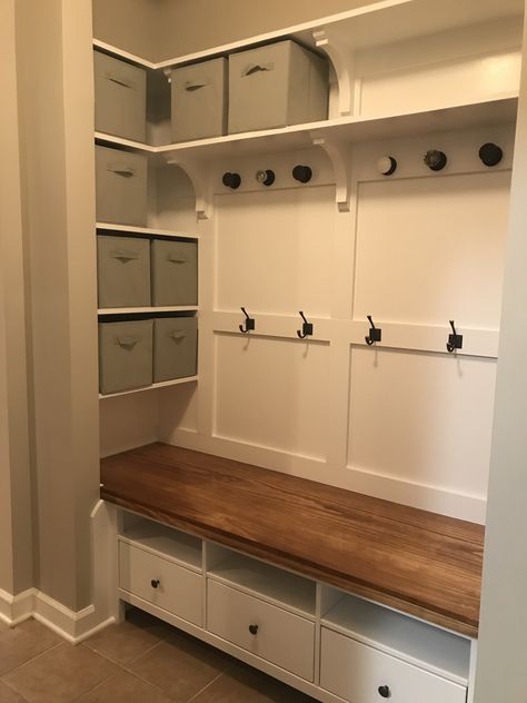 Entryway Storage Closet, Entryway Hidden Storage, Small Stairwell Ideas, Closet Mudroom Conversion, 90s House Remodel, Ikea Hack Entryway, Foyer Closet Makeover, Ikea Floating Cabinet, Closet Into Mudroom