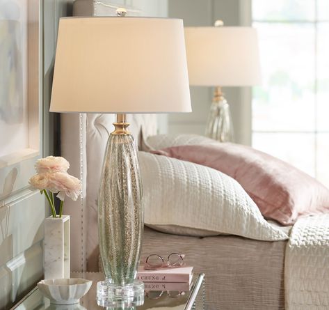 Tall, Fluted Bodies With a Champagne Finish With Drum Shades. Night Table Lamps, Glass Table Lamps, Quality Bedroom Furniture, Bedroom Ideas Aesthetic, Table Lamp Set, Living Room Decor Inspiration, Glass End Tables, Lamp Set, Table Lamps For Bedroom