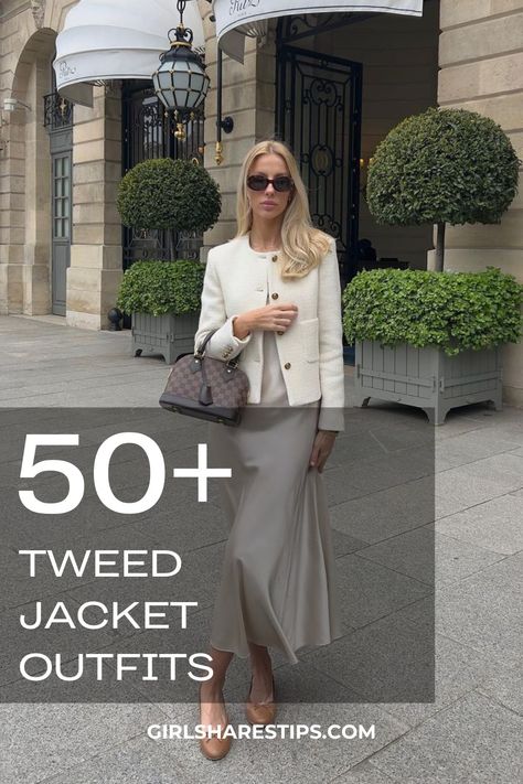 Unveil 50+ effortlessly chic tweed jacket outfits that are trendy, classy, and elegant. Ideal for spring, fall, and winter, these stylish looks make you look expensive and rich, and capture that Chanel, old money charm. From casual to formal, find the perfect ensemble for date nights, work, corporate environments, parties, and holidays. Embrace the classic luxury of European, French, Parisian, Korean, and Douyin aesthetics in your wardrobe. Chanel Old Money, Tweed Jacket Outfit, Jacket Outfit Ideas, Look Expensive, Outfit Ideas For Women, Jacket Outfit, Classy Chic, Elevate Your Style, Jacket Outfits