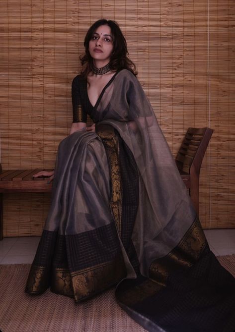 Casual Sari Look, Farewell Simple Saree, Indian Convocation Outfit, Vintage Blouse Designs For Saree, Wedding Guest Sarees, Full Sleeve Blouse Saree Farewell, Full Sleeve Blouse And Saree, Dark Colour Saree For Farewell, Saree For Convocation