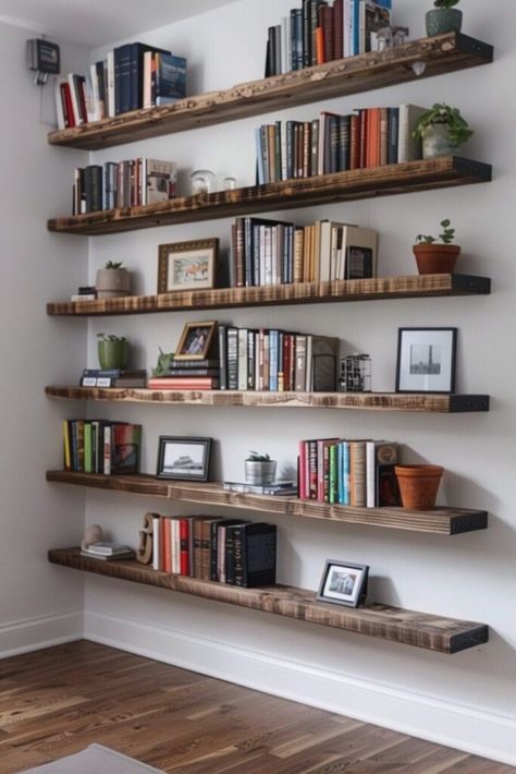 100  Modern And Elegant Home Library Ideas With DIY Tips - Latest & Trendy Nail Designs Wall Shelving For Books, Wall Bookshelves Design, Wall Mounted Library, Floating Book Shelves Corner, On The Wall Book Shelves, Brandenburg, Library Wall Floating Shelves, Books Shelves In Living Room, Floating Wood Bookshelves