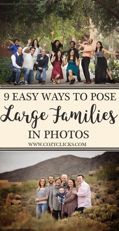 Are you a photographer nervous about posing a large family? Read these 9 simple ways you can pose large family group right here! Large Family Poses, Ways To Pose, Large Family Photography, Large Group Photos, Large Family Portraits, Big Family Photos, Extended Family Photos, Large Family Photos, Family Photoshoot Poses