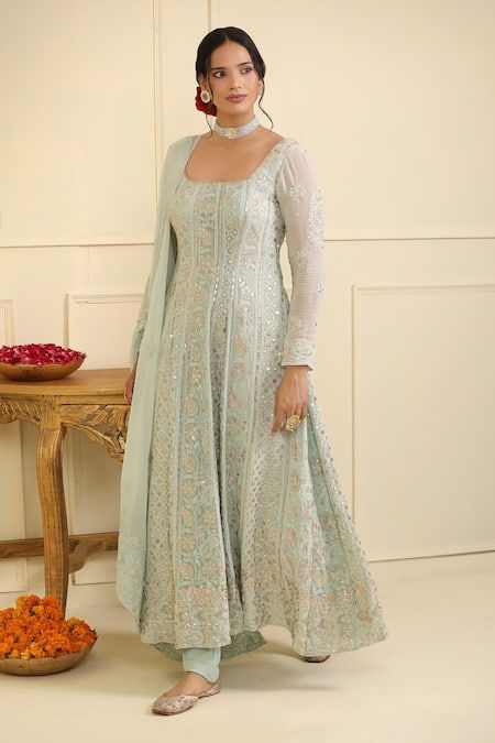 Buy Blue Georgette Embroidered And Embellished Chikankari Anarkali Set For Women by Esha Koul Online at Aza Fashions. Simple Roka Outfits, Georgette Chikankari Anarkali, Lucknowi Chikankari Suits Georgette, Chikankari Suits Design, Anarkali Neck Designs, Simple Anarkali Suits, Lucknowi Chikankari Suits, Traditional Anarkali, Chikankari Anarkali Suits