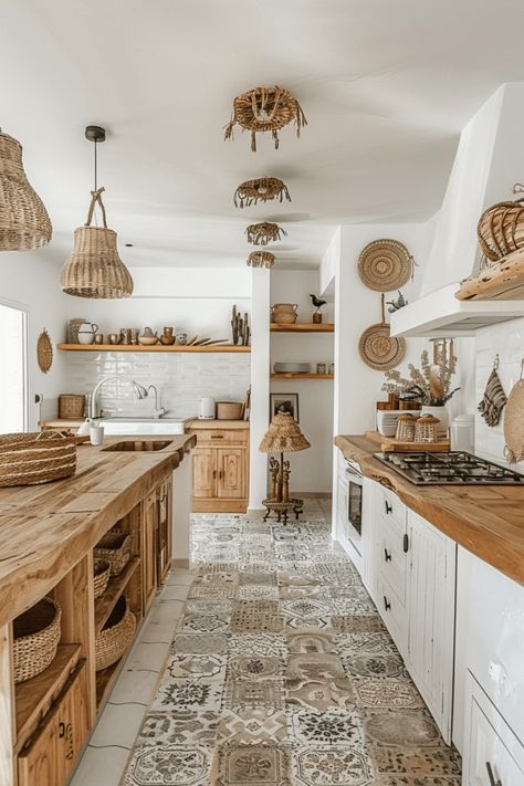 36+ Chic Boho Kitchen Ideas for a Laid-Back Update Rustic Eclectic Kitchen, Bohemian Chic Kitchen, California Boho Kitchen, Boho Kitchen Makeover, Boho Cabinets Kitchen, Kitchen Rustic Ideas, Small White And Wood Kitchen, Boho House Style, Boho Kitchen Inspiration