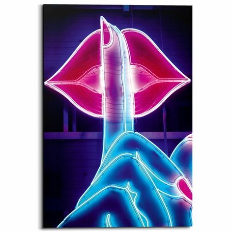 'Neon Lips' by Parvez Taj Graphic Art on Wood Mercury Row Finger On Lips, Lights Tumblr, Neon Lips, Trippy Room Decor, Pink Neon Lights, Trippy Room, Giant Poster, Dry Erase Wall, Black Light Posters