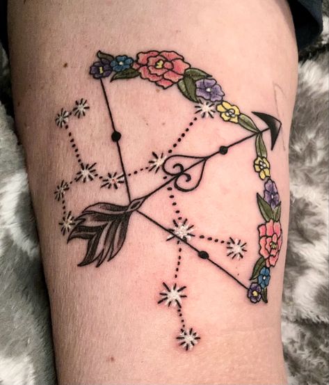 Sagittarius bow & arrow constellation Zodiac Constellation Tattoo Sagittarius, Constellation Tattoo Sagittarius, Sagittarius Constellation Tattoo, Saggitarius Tattoo, Archery Tattoo, Calf Tattoos For Women, Sagittarius Tattoo Designs, Iris Tattoo, Sagittarius Constellation