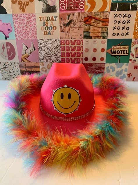 Decorating Cowboy Hats, Hot Pink Smiley Face, Smiley Face Party, Preppy Hat, Pink Smiley Face, Custom Cowboy Hats, Pink Smiley, Purple Hat, Space Cowgirl