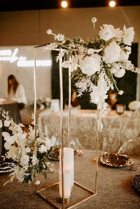 Modern Rectangular Tall Metal Stand Wedding Centerpiece, Tall Minimalist Centerpiece, Y’all Wedding Centerpieces, Tall Metal Centerpiece Stand, Column Vase Centerpiece, Wedding Centerpiece Stands, Gold Stand Centerpiece Wedding, Affordable Tall Centerpieces, Tall Gold Stand Centerpiece Wedding