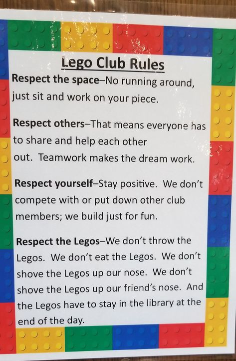 Lego Club Rules, After School Lego Club, Lego Club Challenges, Lego Group Activities, Lego Club Activities, Robotics Club Ideas, Lego Club Ideas For Elementary Schools, School Lego Club, Lego Therapy Free Printable