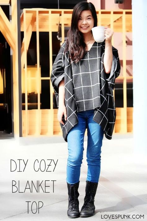 DIY Clothes for Fall - DIY Cozy Blanket Top - No Sew and Easy Designer Fashion Copycats - Tutorials for Making Your Own Clothing - Update Your Fall Wardrobe With These Cheap Shirts, Dresses, Skirts, Shoes, Scarves, Sweaters, Hats, Wraps, Coats and Bags - How To Dress For Success on A Budget - Free Sewing Tutorials for Beginners and Quick Fashion Upcycles for New Looks in 2018 http://diyjoy.com/diy-clothes-fall Sewing Tips, Pola Blus, Meme Costume, Quick Fashion, Diy Vetement, Sewing Tutorials Free, Kleidung Diy, Ropa Diy, Sewing Projects For Beginners
