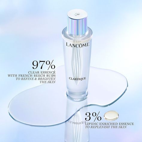 Clarifique Dual Essence’s formula has been prefected for 30 years. Made of 97% clear essence with French beech buds and 3% lipidic enriched essence it refines, brightens, and replenishes the skin. #ascentluxurycosmetics #Lancome #ClarifiqueDualEssence #Skincare 3d Typography, Lancome Clarifique, Skin Essence, Glass Photography, Digital Web, Luxury Cosmetics, Cosmetic Design, Graphic Design Tips, Beauty Packaging