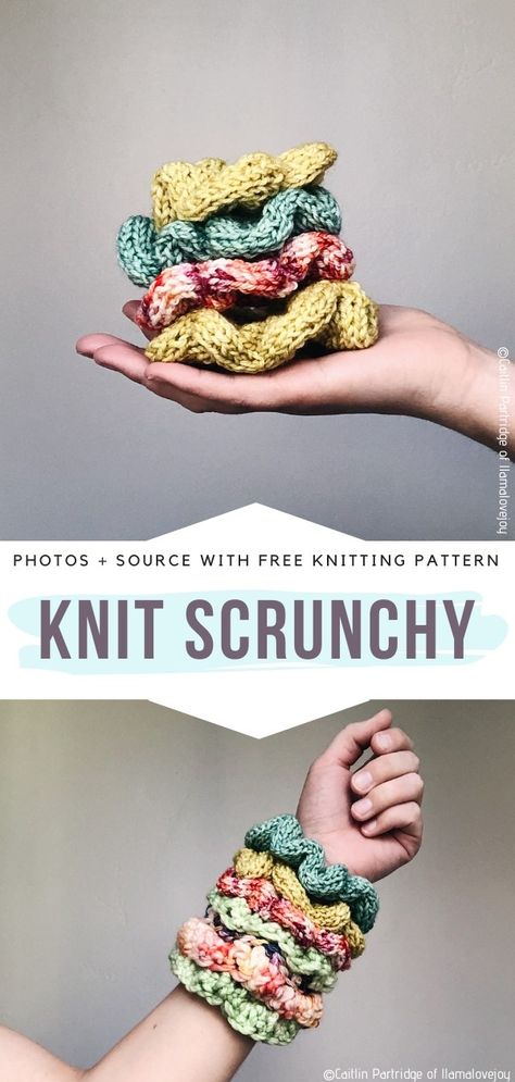 Knitted Scrunchies Free Pattern, Knitted Scrunchies, Colorful Scrunchie, Knit Scrunchie, Crochet Bow, Large Knitting, Scrunchies Diy, Loom Knitting Projects, Knitting Patterns Free Hats