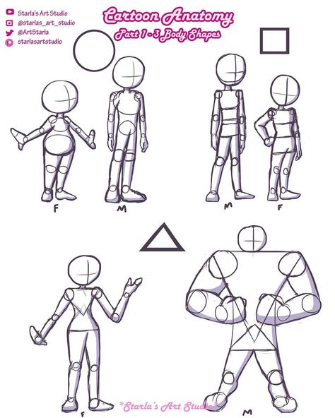 @starlas_art_tutorials on Instagram: “This post is about cartoon anatomy and shapes! Cartoon bodies can come in many shapes and sizes and these are just a few somewhat…” How To Draw Female Cartoon Bodies, Female Cartoon Anatomy, Cartoon Head Shape Reference, Cartoon Proportions Character Design, Drawing Bodies Cartoon, Male Cartoon Anatomy, Head Shapes Drawing Cartoon, Anatomy Cartoon Drawing, Cartoon Anatomy Tutorial