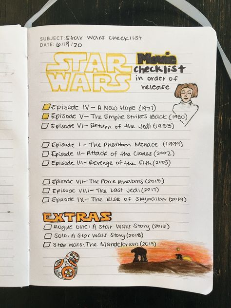 Star Wars Order To Watch, Star Wars Journal Ideas, Instagram Esthetics, Star Wars Movies In Order, Star Wars Journal, Star Wars Bullet Journal, Star Wars Notebook, Star Wars Scrapbook, Journal Checklist