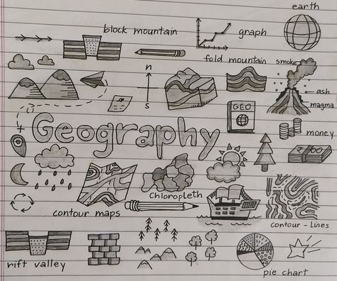 Geography Doodle Art, Geography Calligraphy, Geography Doodles, Geography Drawings, Doodle Arts, Cover Page For Project, Creative Book Cover Designs, School Doodles, Geography Project