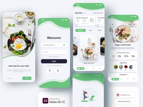 Diet App Concept by Mauricio Lopez Android App Design, Desain Ux, Diet App, Ux Design Mobile, Restaurant App, Ui Ux 디자인, App Design Layout, Ux App Design, Desain Ui