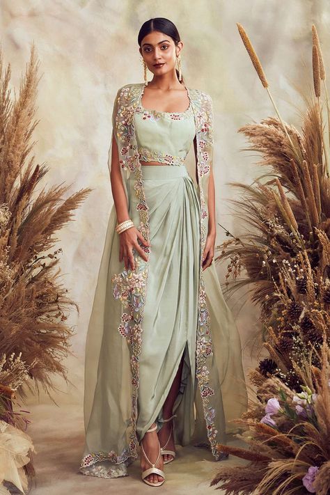 Draped Skirt Indian, Indian Indo Western Dresses For Women, Drape Style Dresses, One Piece Design Dresses, Sage Green Indian Outfit, Drape Skirt Outfit, Traditional Outfits For Women, Designer Indo Western Outfits For Women, Drape Dresses Indo Western