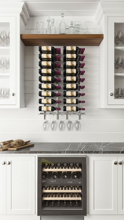 Space-saving kitchen wine storage Wine Counter Ideas, Unique Kitchen Features, Speakeasy Kitchen, Kitchen Wine Storage, Wine Storage Wall, Modern Wine Storage, Modern Wine Rack, W Series, Wine Glass Storage